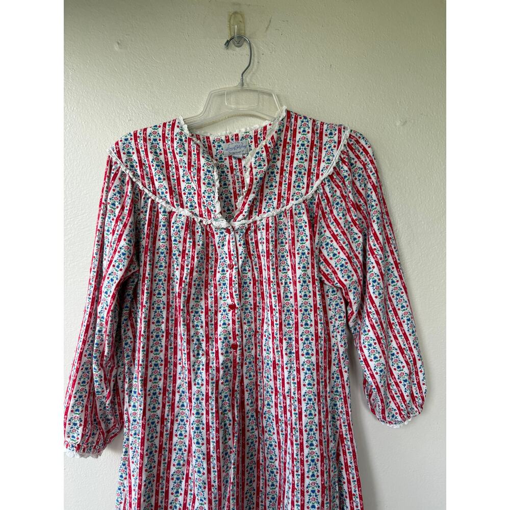 Lanz of Salzburg Flannel Small Red Floral Stripe Prairie Nightgown Ruffle Trim - Picture 4 of 13